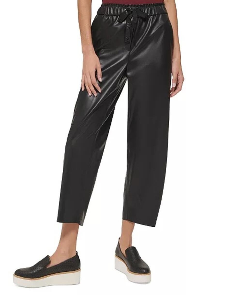 DKNY XL Black Crop Faux Leather High Rise Wide Leg Pull On Pants Chic Edgy NWT
